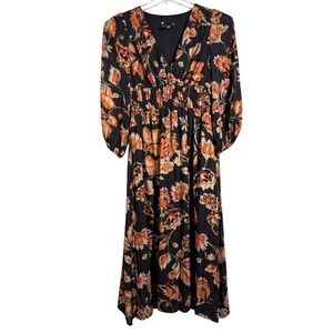 Maison Tara Dress Floral Print Midi‎ Long Sleeve V Neck Black Orange Size 6
